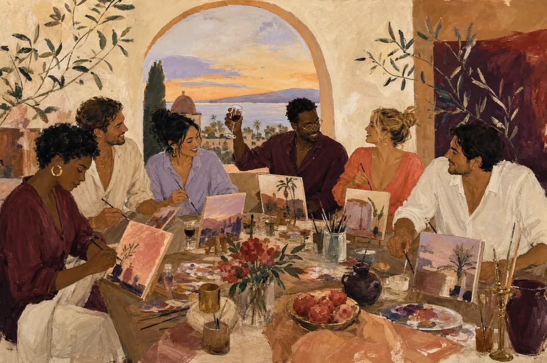An expressive painting of six adult friends making art around a table