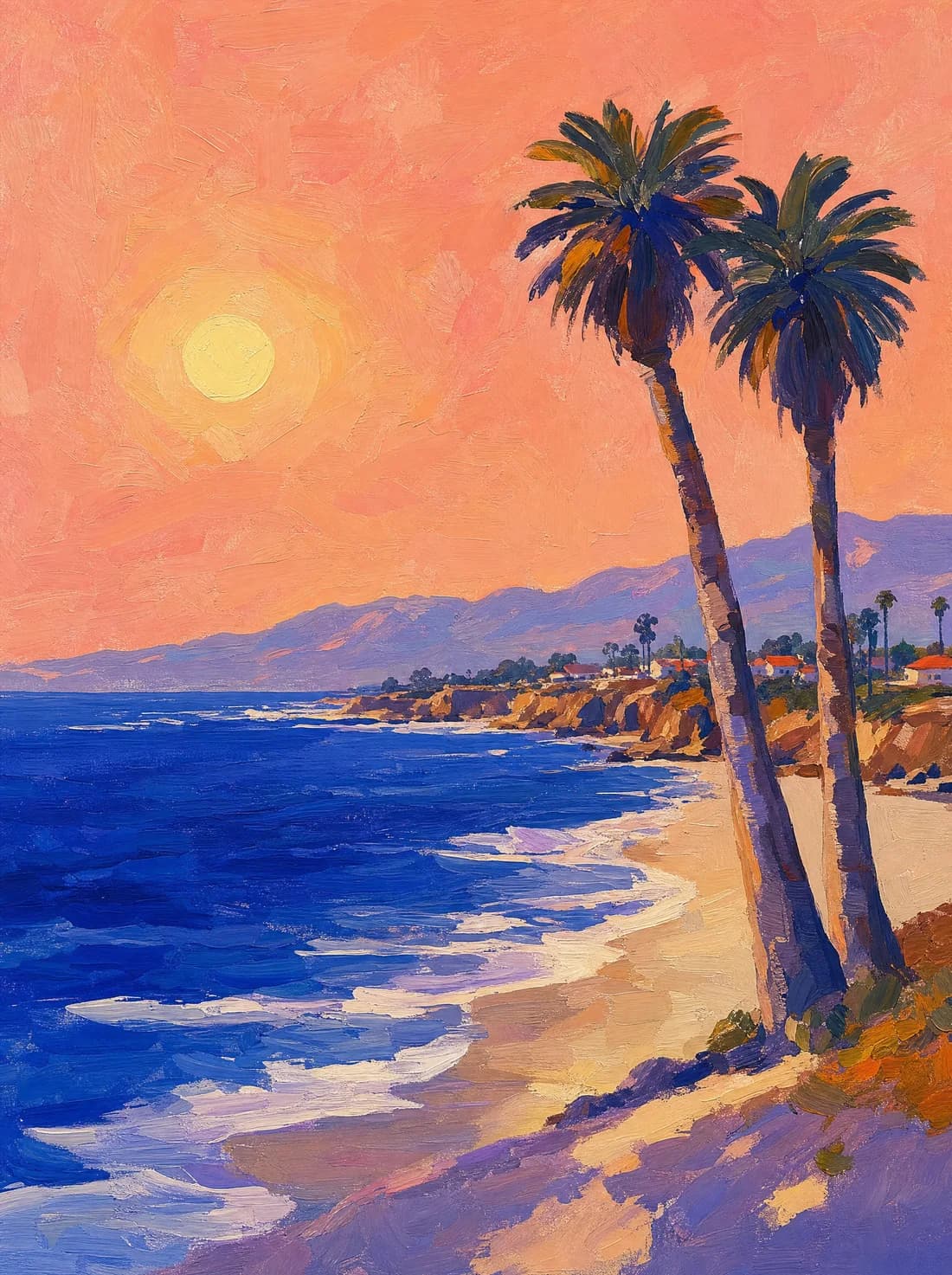 Sample coastal painting with pink skies, palm trees and a bright blue ocean
