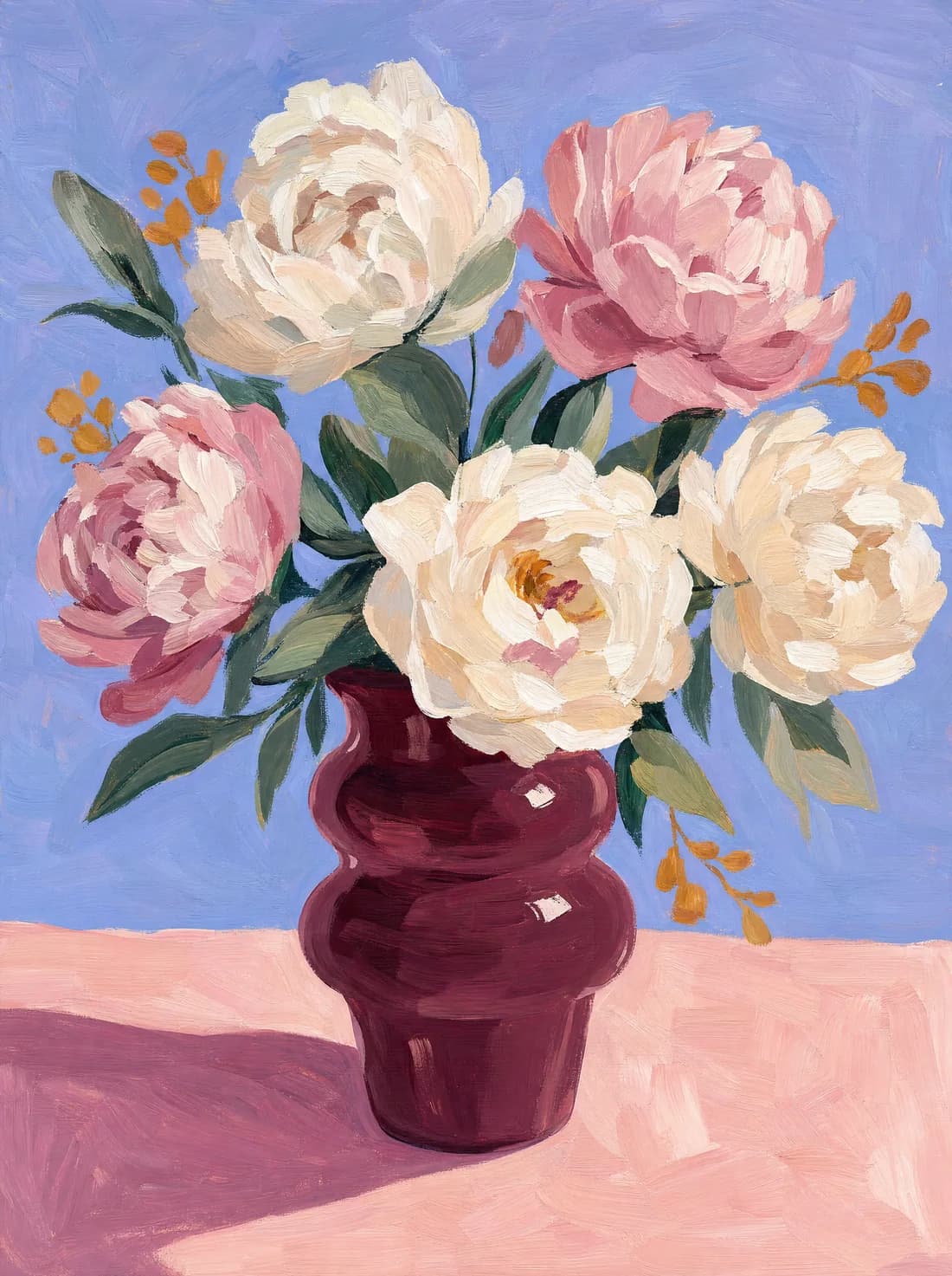 Original sample painting of pink and ivory peonies in a burgundy vase