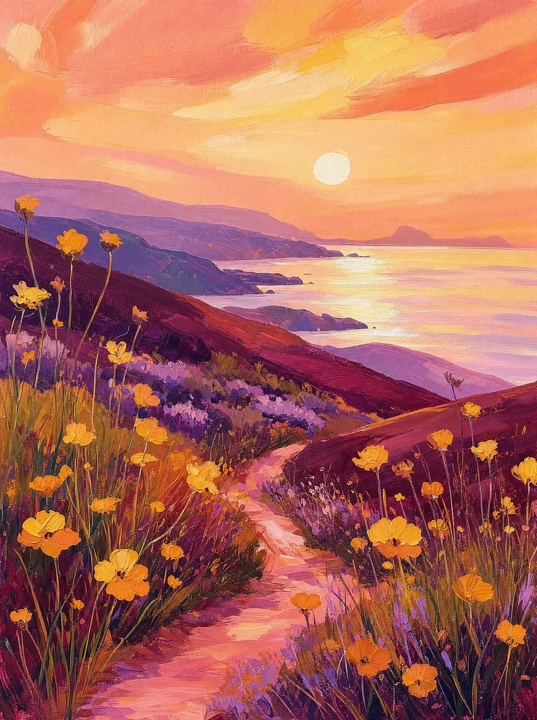 Original sample painting of a golden sunset, lavender hills and wildflowers