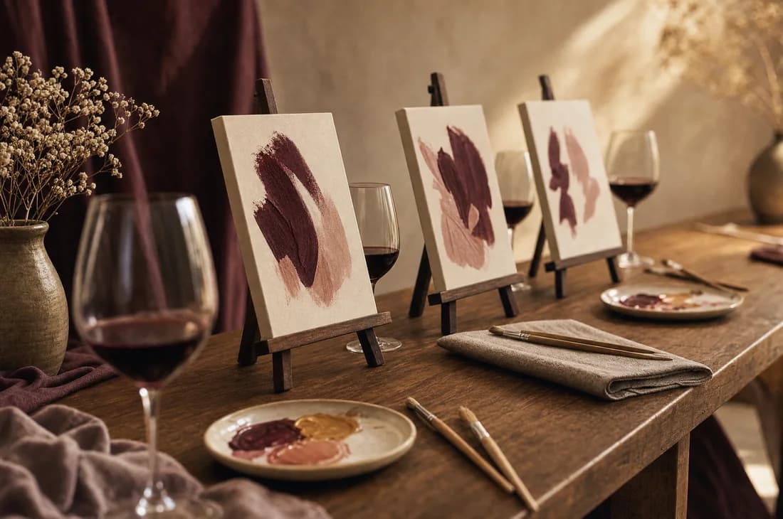 Illustrative tabletop arranged with small painted canvases and wine glasses
