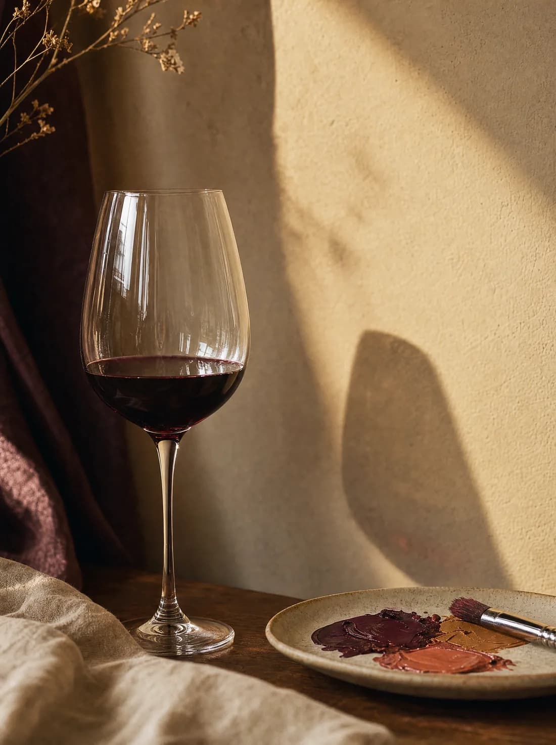 Illustrative still life of wine, paint brushes and a painter's palette on linen