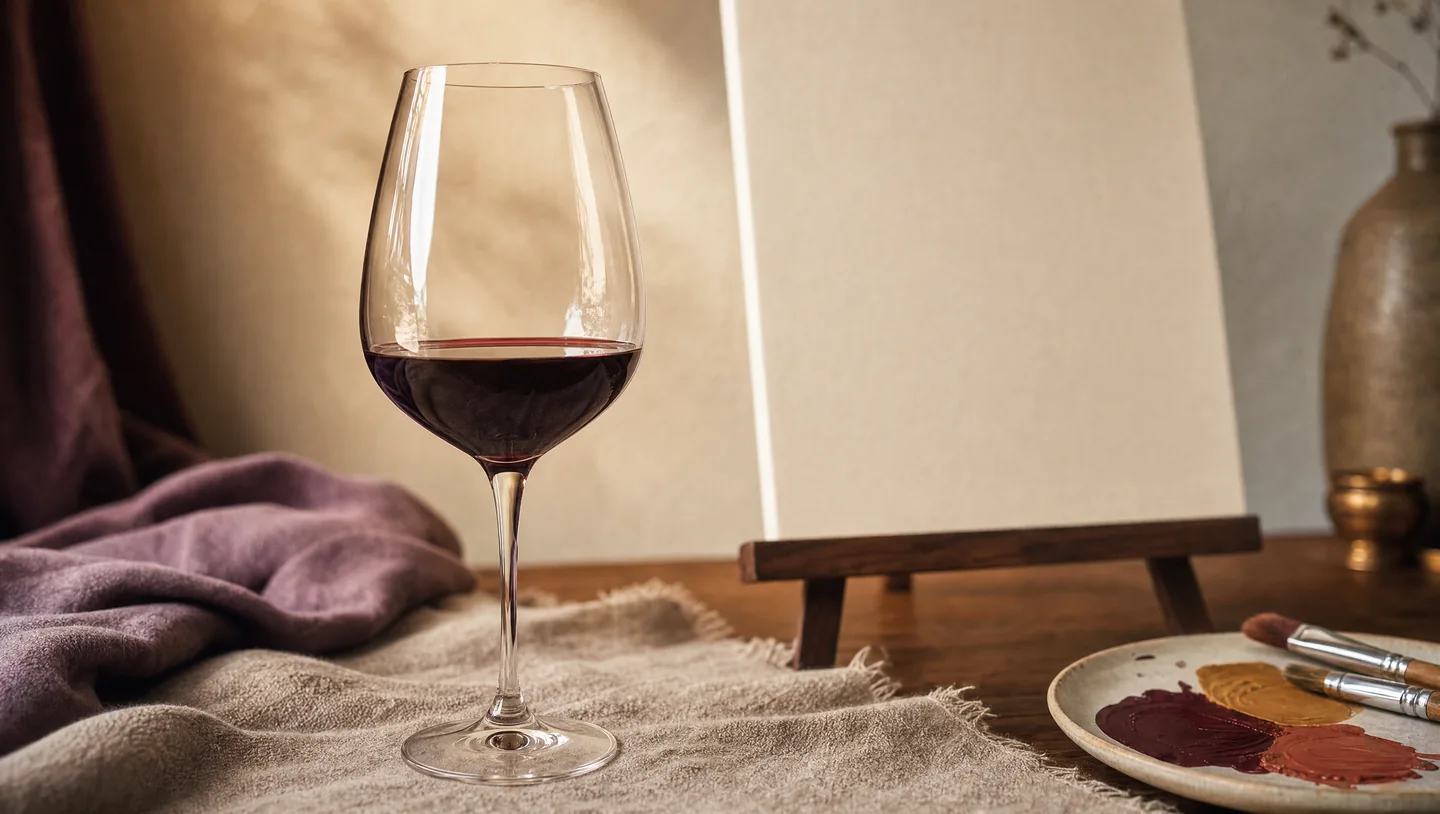 A staged still life of red wine, soft linen and painting materials in warm evening light